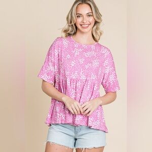 BOMBOM Floral Round Neck Peplum Blouse